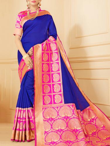 blue silk woven saree with blouse - 15014594 - Very Small Image - 1