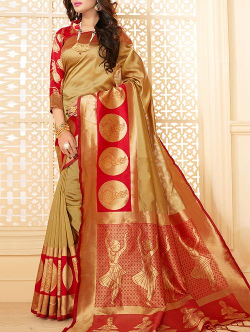 gold silk woven saree with blouse - 15014597 - Very Small Image - 1