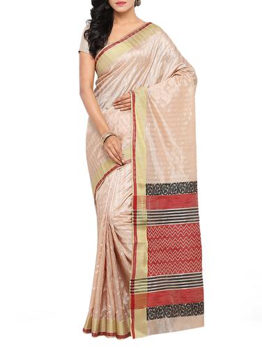 beige cotton silk bordered saree with blouse - 15014602 - Very Small Image - 1