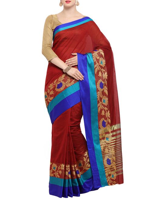 maroon cotton silk bordered saree with blouse - 15014603 - Standard Image - 1