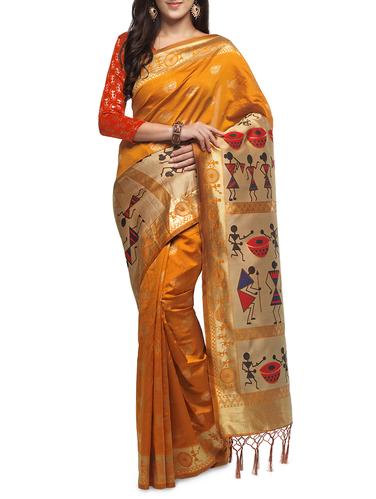 mustard cotton silk woven saree with blouse - 15014613 - Very Small Image - 1