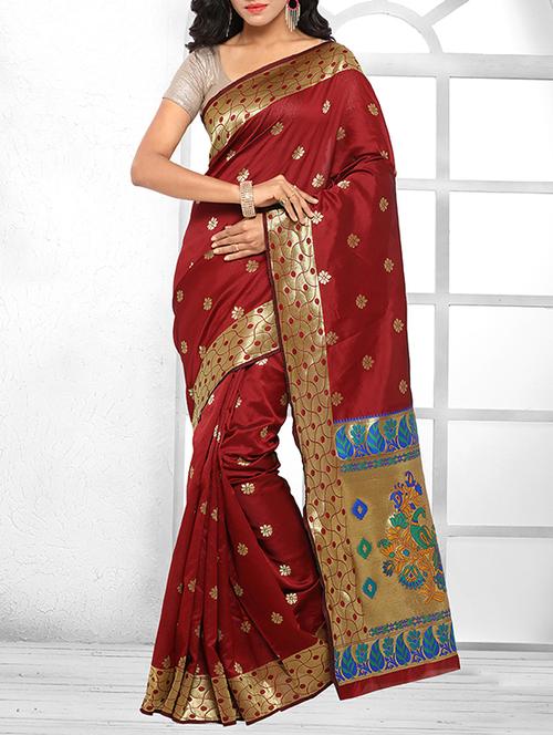 maroon cotton silk woven saree with blouse - 15014619 - Very Small Image - 1