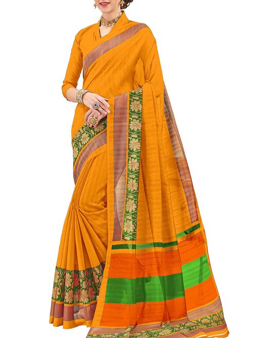 mustard cotton silk bordered saree with blouse - 15014622 - Very Small Image - 1