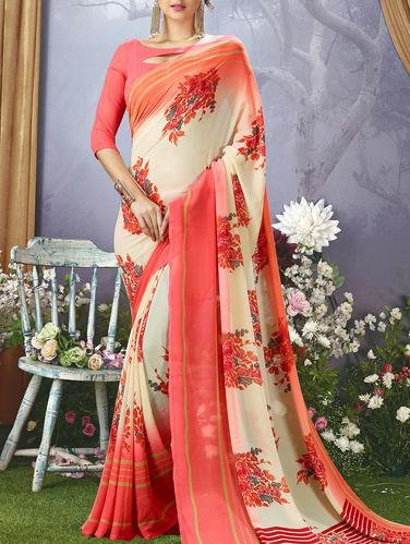 cream georgette printed saree with blouse - 15014626 - Very Small Image - 1