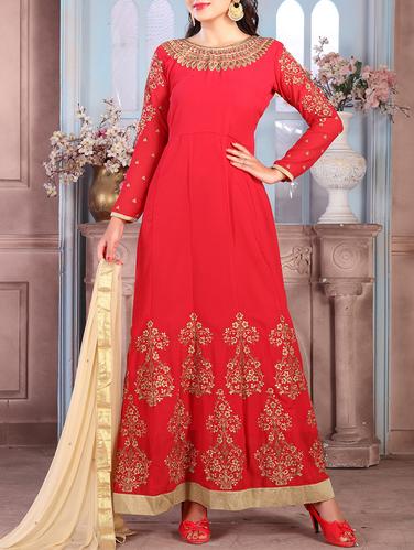 red georgette anarkali suits semistitched suit - 15014636 - Very Small Image - 1