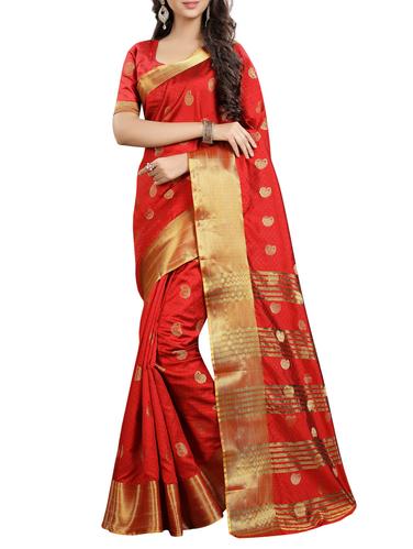 red cotton silk kanjivaram saree with blouse - 15014662 - Very Small Image - 1