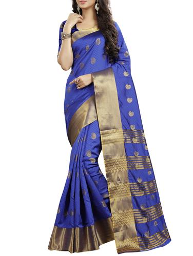 blue cotton silk kanjivaram saree with blouse - 15014663 - Very Small Image - 1