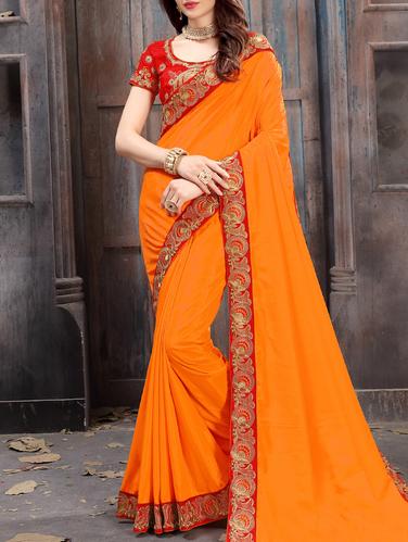 orange silk bordered saree with blouse - 15014855 - Very Small Image - 1