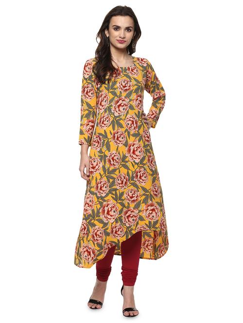 yellow crepe high low kurta - 15015111 - Standard Image - 1