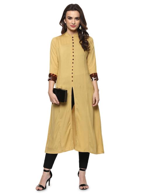 beige solid kurta with pockets - 15015134 - Standard Image - 1
