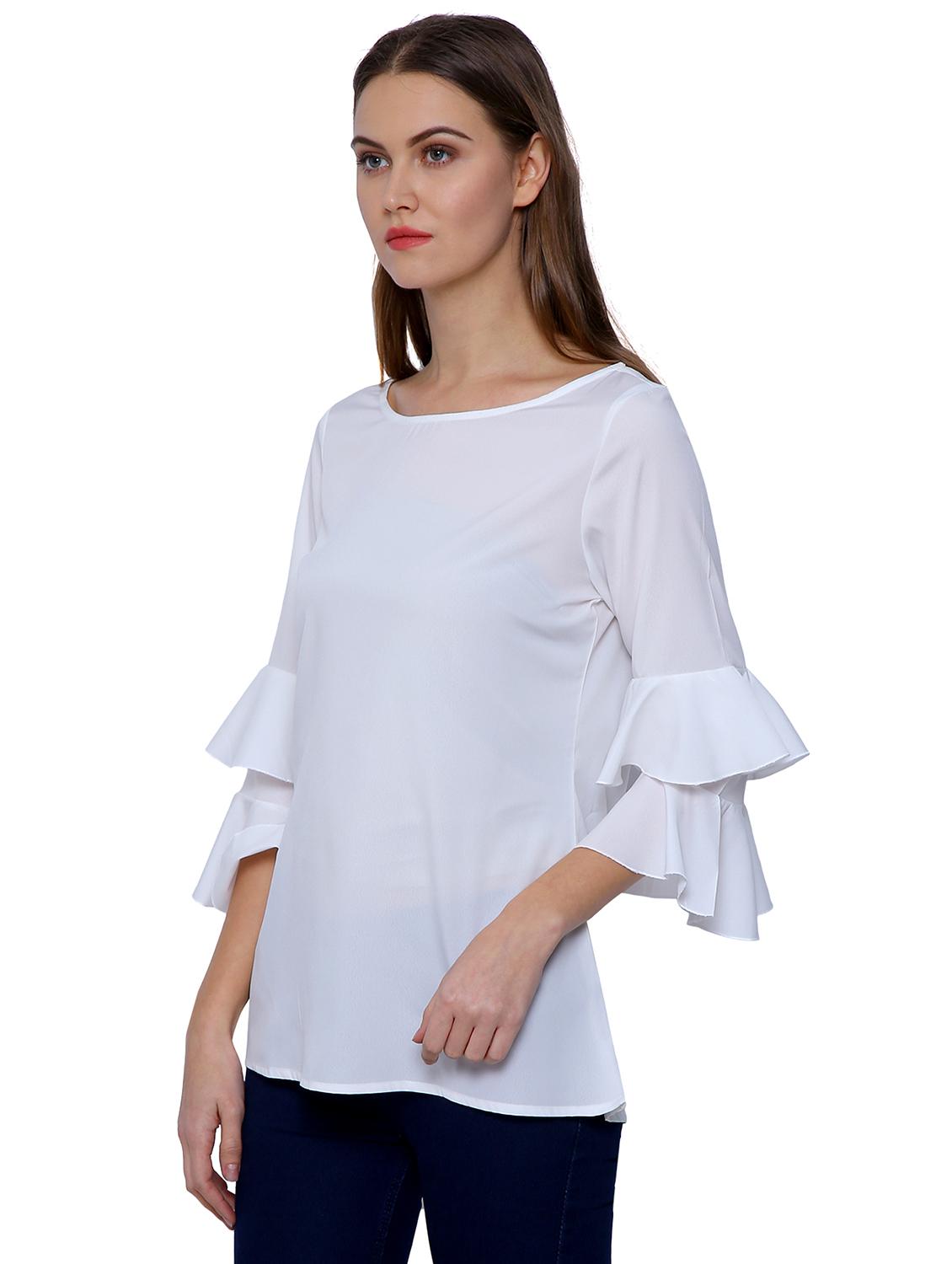 solid white bell sleeved top - 15015384 - Zoom Image - 3