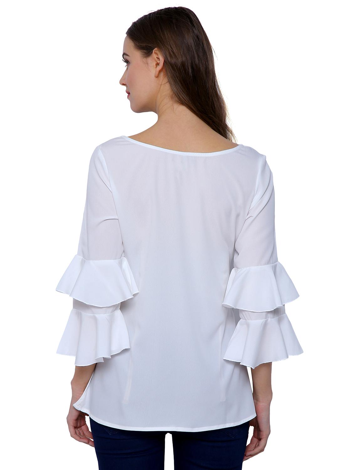 solid white bell sleeved top - 15015384 - Zoom Image - 4