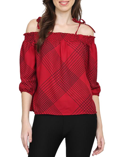 red checkered cold shoulder top - 15015543 - Standard Image - 1