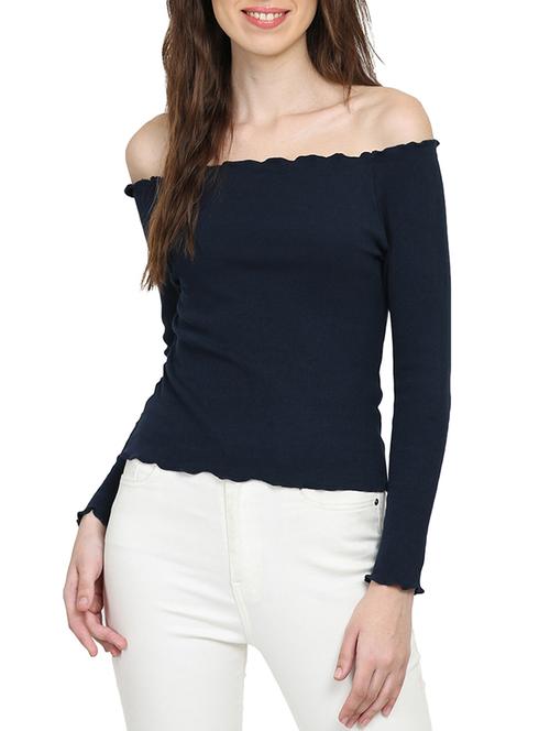 solid navy blue cotton off shoulder top - 15015544 - Standard Image - 1