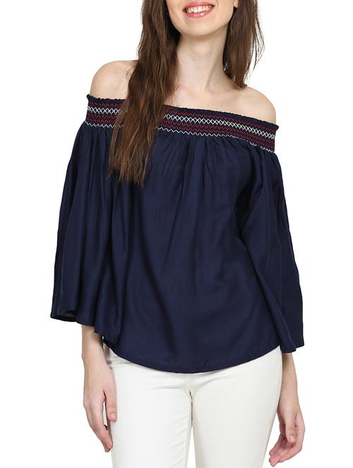 solid navy blue off shoulder top - 15015551 - Standard Image - 1