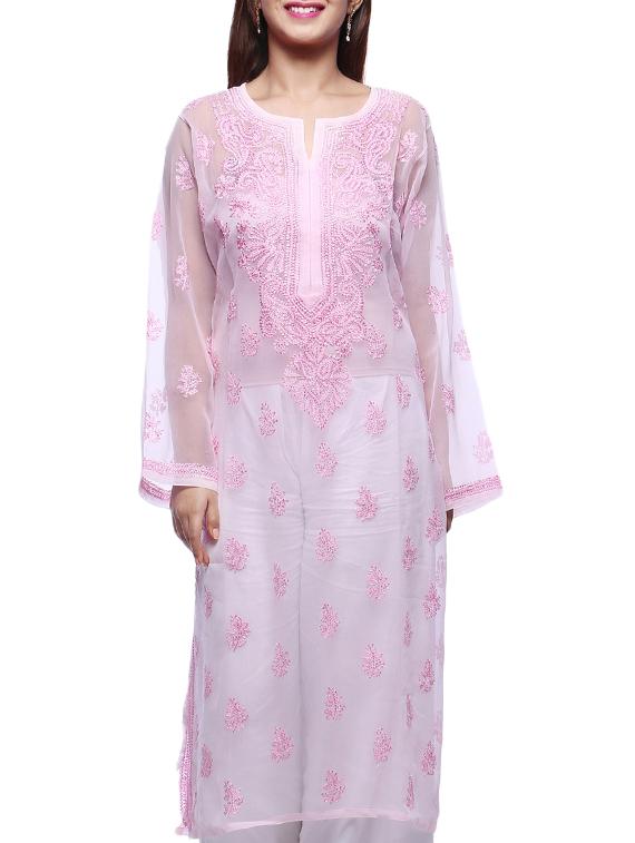 ada pink georgette straight chikankari kurta - 15015557 - Zoom Image - 1