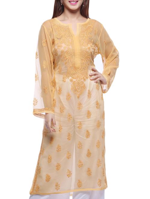 ada beige georgette straight chikankari kurta - 15015558 - Standard Image - 1