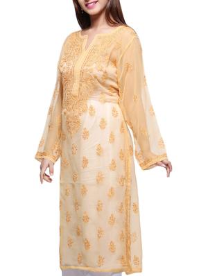 ada beige georgette straight chikankari kurta - 15015558 - Standard Image - 2