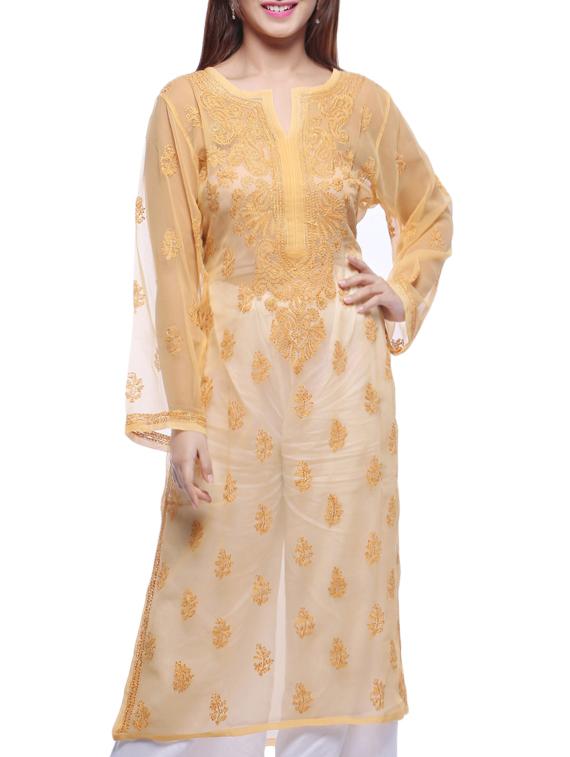 ada beige georgette straight chikankari kurta - 15015558 - Zoom Image - 1