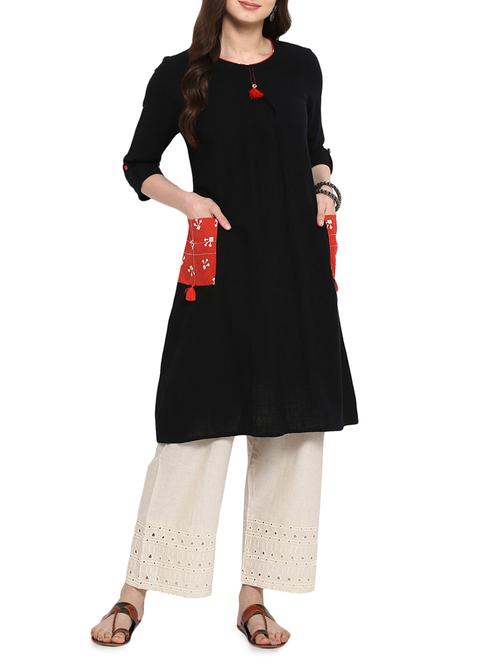 black cotton a-line solid kurta - 15015952 - Standard Image - 1