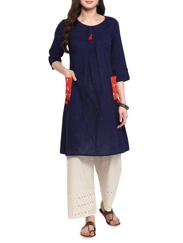 blue cotton a-line solid kurta - 15015953 - Very Small Image - 1
