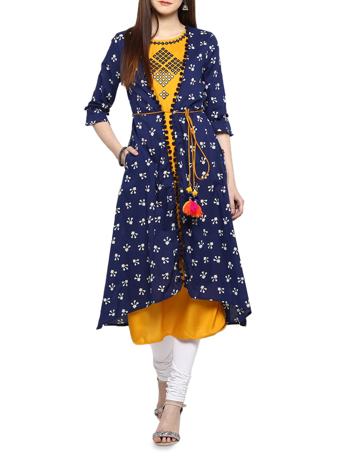 mustard rayon layered kurta - 15015974 - Zoom Image - 1