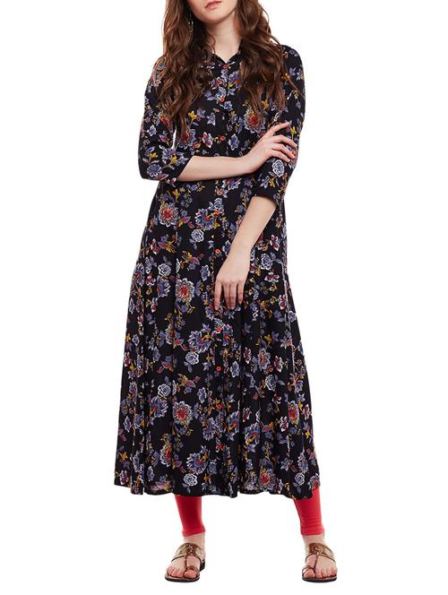 black rayon flared kurta - 15016067 - Standard Image - 1