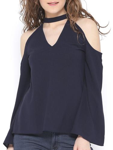 navy blue solid georgette top - 15016565 - Very Small Image - 1