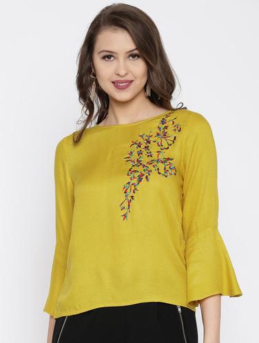 yellow solid modal embroidered top - 15016568 - Very Small Image - 1