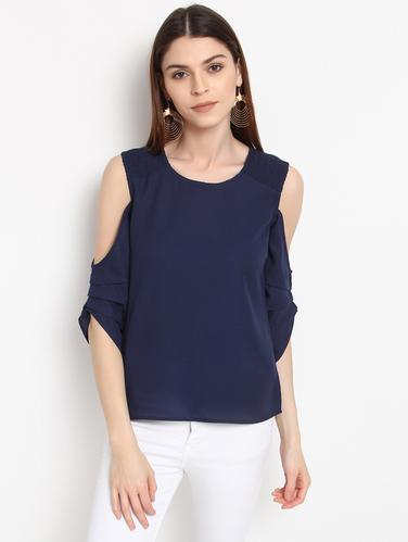 Navy blue solid cold shoulder top - 15016584 - Very Small Image - 1