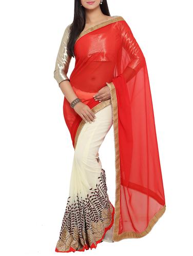 red georgette half & half saree with blouse - 15016740 - Very Small Image - 1