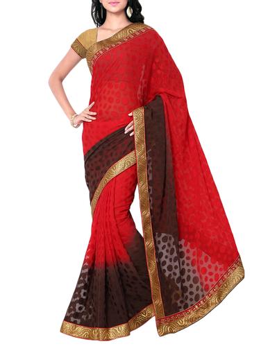 red georgette printed saree with blouse - 15016751 - Very Small Image - 1