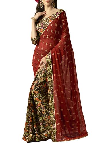 maroon georgette half & half saree with blouse - 15016765 - Very Small Image - 1