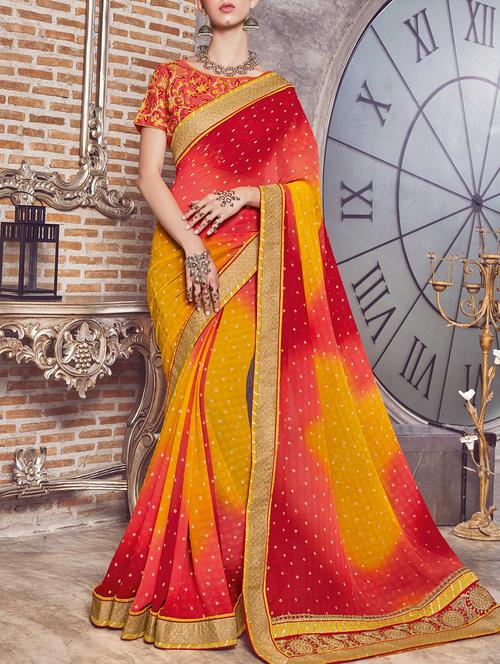 mustard georgette bandhani saree with blouse - 15016773 - Standard Image - 1