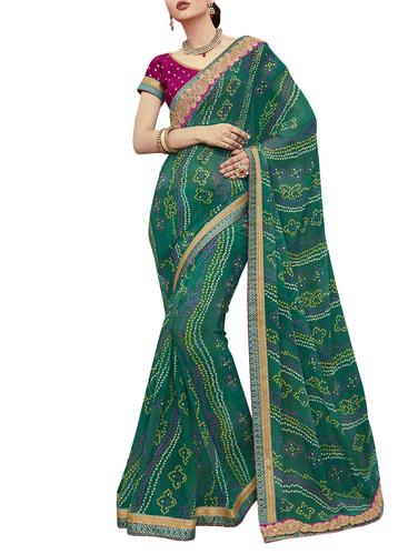 green georgette bandhani saree with blouse - 15016782 - Very Small Image - 1