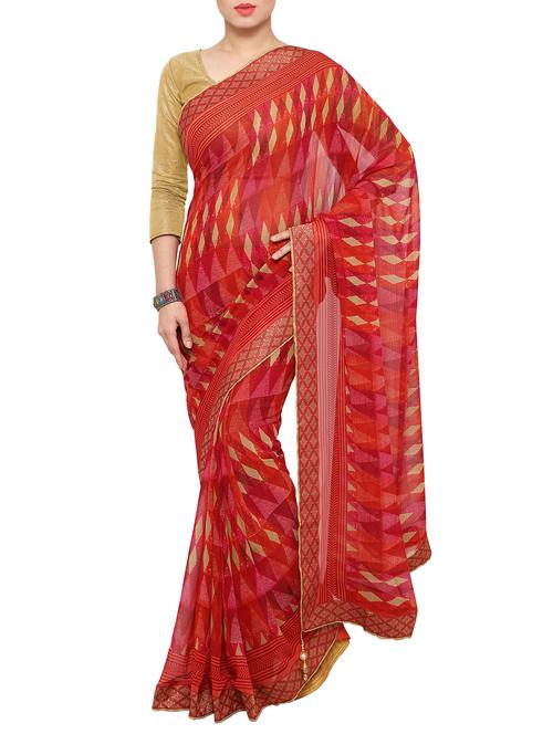 red georgette printed saree with blouse - 15016791 - Standard Image - 1