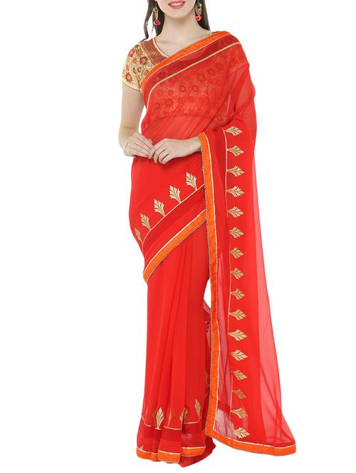 red chiffon printed saree with blouse - 15016796 - Standard Image - 1