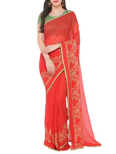 pink georgette printed saree with blouse - 15016797 - Very Small Image - 1