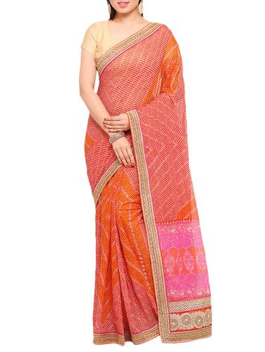 orange georgette printed saree with blouse - 15016808 - Very Small Image - 1