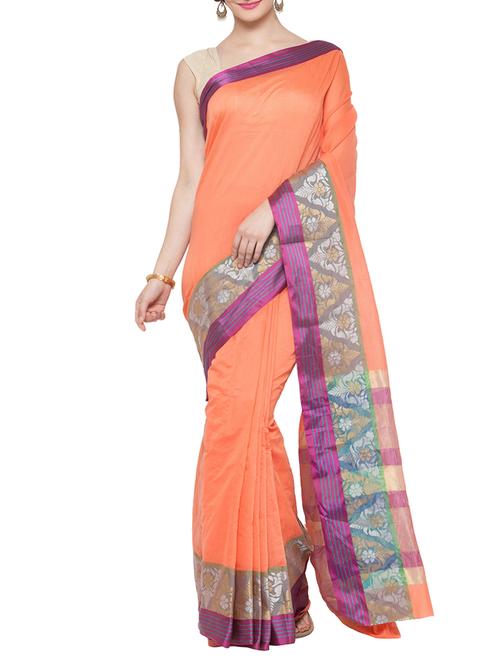 peach cotton silk bordered saree with blouse - 15016833 - Standard Image - 1