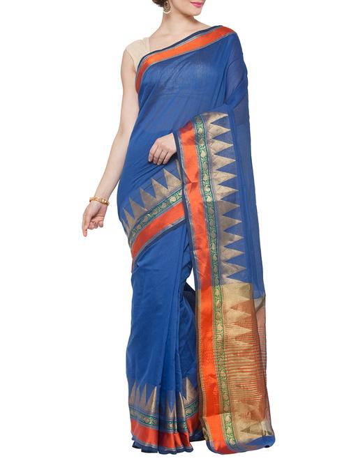 blue cotton silk bordered saree with blouse - 15016834 - Standard Image - 1