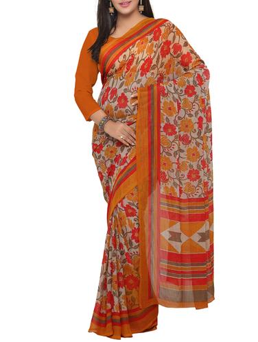 orange georgette printed saree with blouse - 15016840 - Very Small Image - 1