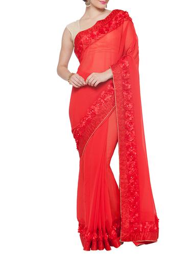 red georgette bordered saree with blouse - 15016844 - Very Small Image - 1