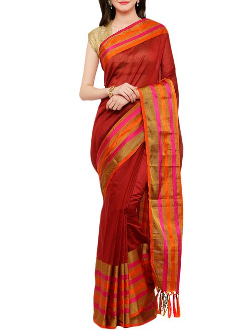 red cotton silk bordered saree with blouse - 15016849 - Standard Image - 1