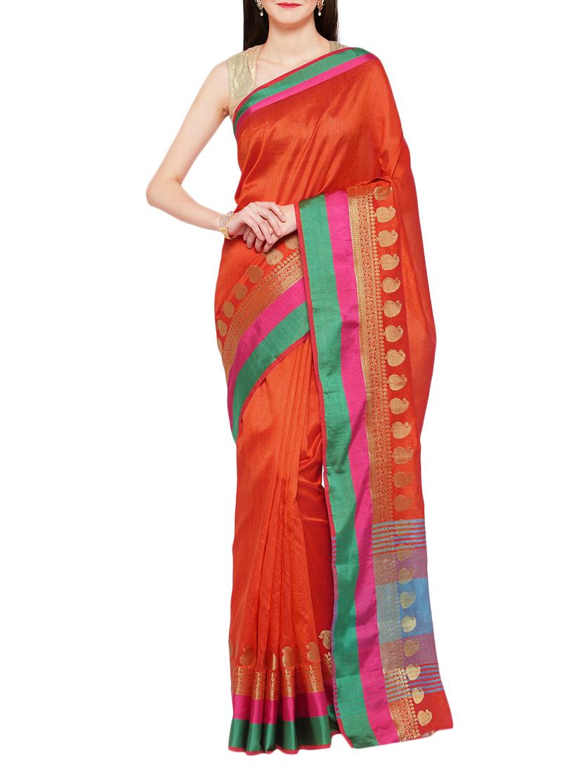 orange cotton blend bordered saree with blouse - 15016868 - Zoom Image - 1