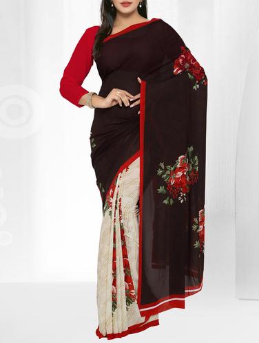 brown crepe half & half saree with blouse - 15016878 - Very Small Image - 1