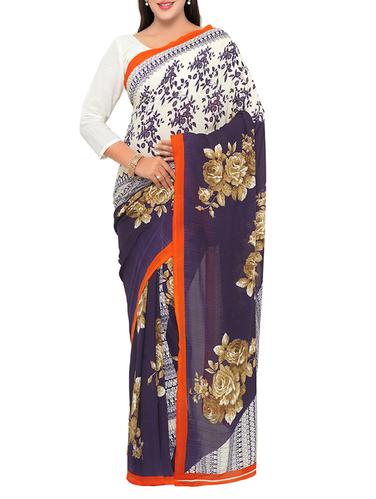 white crepe printed saree with blouse - 15016887 - Very Small Image - 1