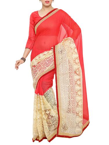 peach georgette embroidered saree with blouse - 15016889 - Very Small Image - 1