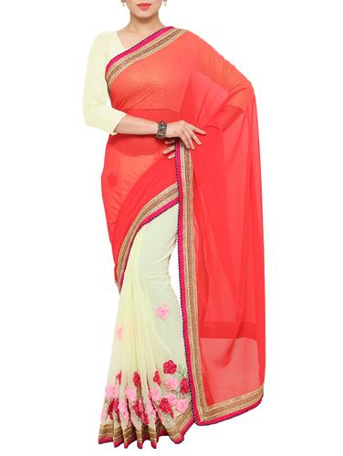 peach georgette half & half saree with blouse - 15016890 - Very Small Image - 1