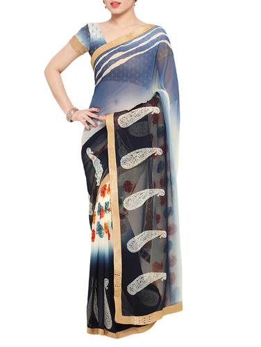 grey georgette printed saree with blouse - 15016897 - Very Small Image - 1